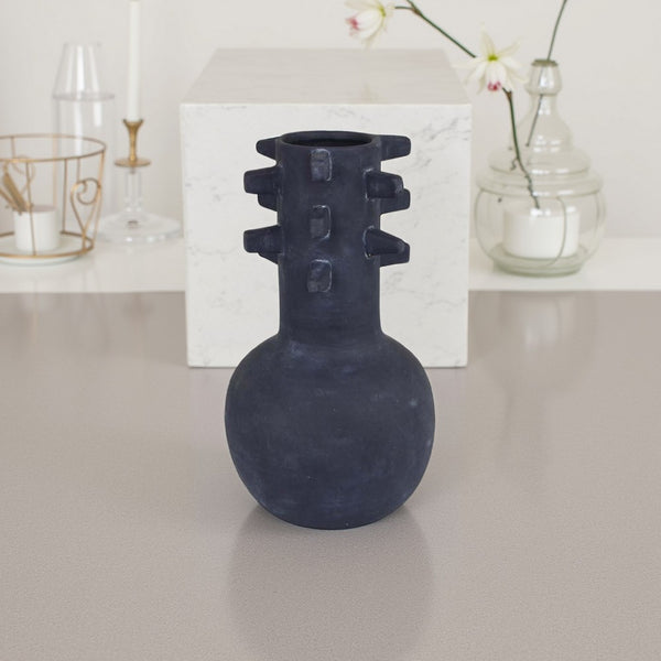 Enya Flower Vase, 3D Spike Accent Narrow Neck, Black Ceramic, 15 Inch -BM331353