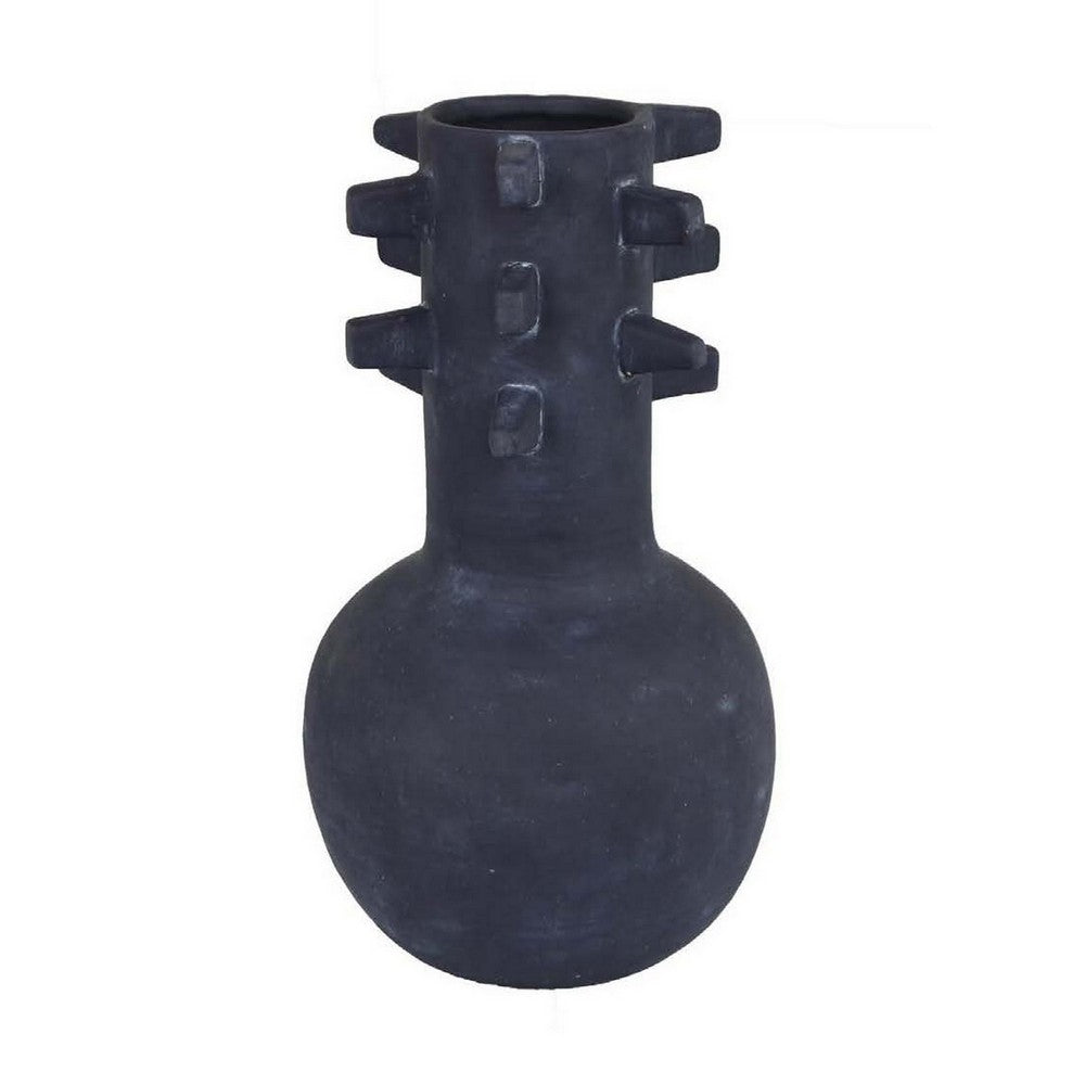 Enya Flower Vase, 3D Spike Accent Narrow Neck, Black Ceramic, 15 Inch -BM331353