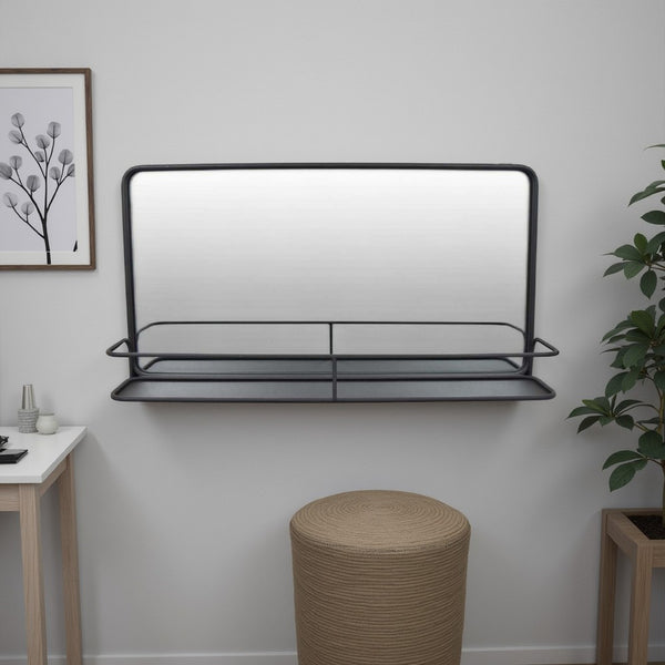 Feno Decorative Wall Mirror, 30 Inch Landscape Black Metal Frame -BM331359