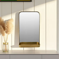 Feno Decorative Wall Mirror w Rack, Portrait Style 30 Inch Gold Metal -BM331360