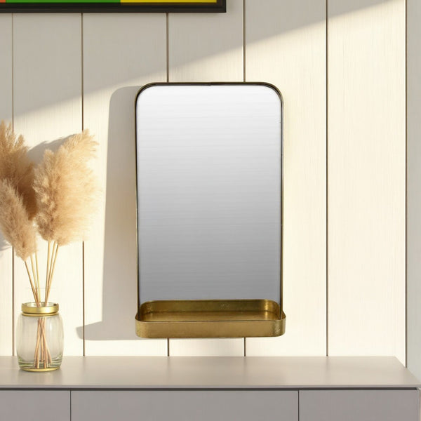 Feno Decorative Wall Mirror w Rack, Portrait Style 30 Inch Gold Metal -BM331360