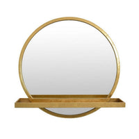 Feno Decorative Wall Mirror w Rack, 22 Inch Round Gold Metal Frame -BM331361