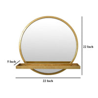 Feno Decorative Wall Mirror w Rack, 22 Inch Round Gold Metal Frame -BM331361