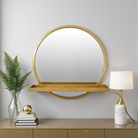 Feno Decorative Wall Mirror w Rack, 22 Inch Round Gold Metal Frame -BM331361