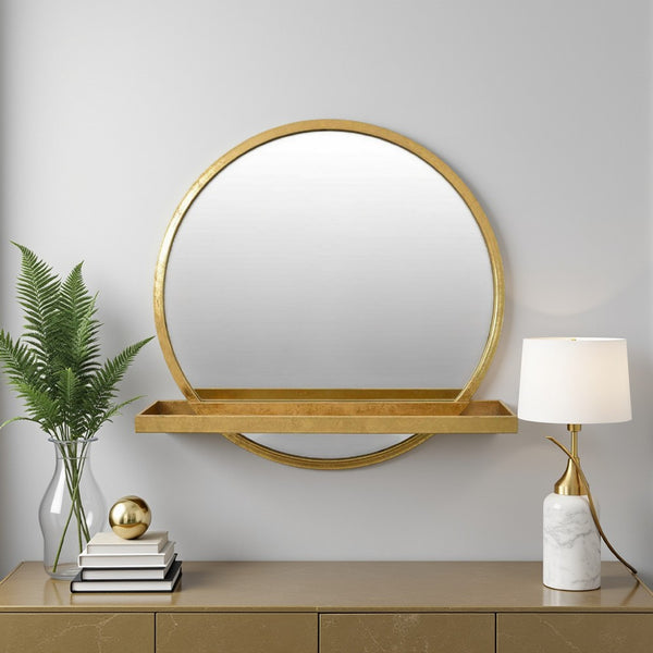 Feno Decorative Wall Mirror w Rack, 22 Inch Round Gold Metal Frame -BM331361