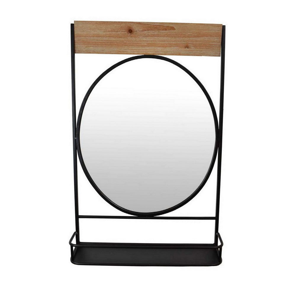 Feno Decorative Wall Mirror w Rack, 30 Inch Round Black Metal Frame -BM331362