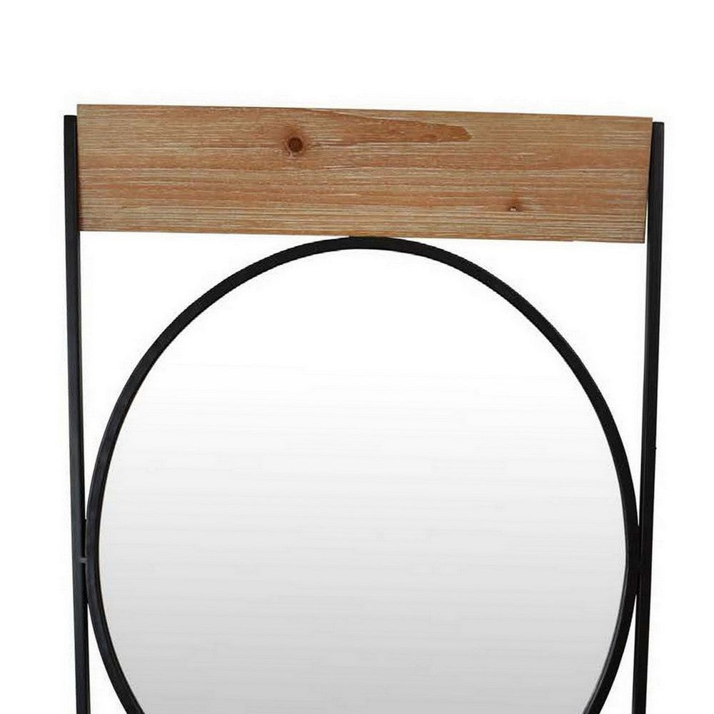 Feno Decorative Wall Mirror w Rack, 30 Inch Round Black Metal Frame -BM331362