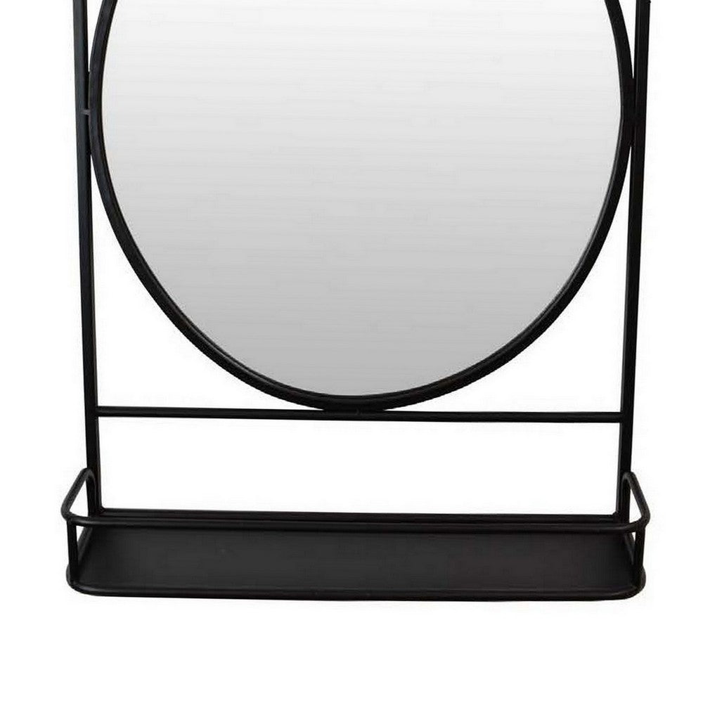 Feno Decorative Wall Mirror w Rack, 30 Inch Round Black Metal Frame -BM331362
