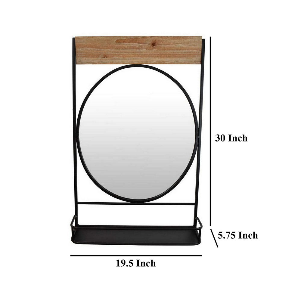 Feno Decorative Wall Mirror w Rack, 30 Inch Round Black Metal Frame -BM331362