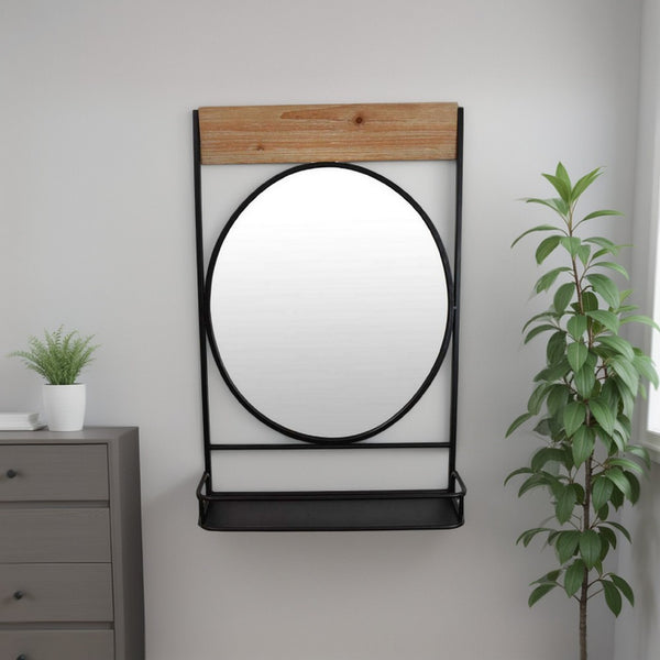 Feno Decorative Wall Mirror w Rack, 30 Inch Round Black Metal Frame -BM331362