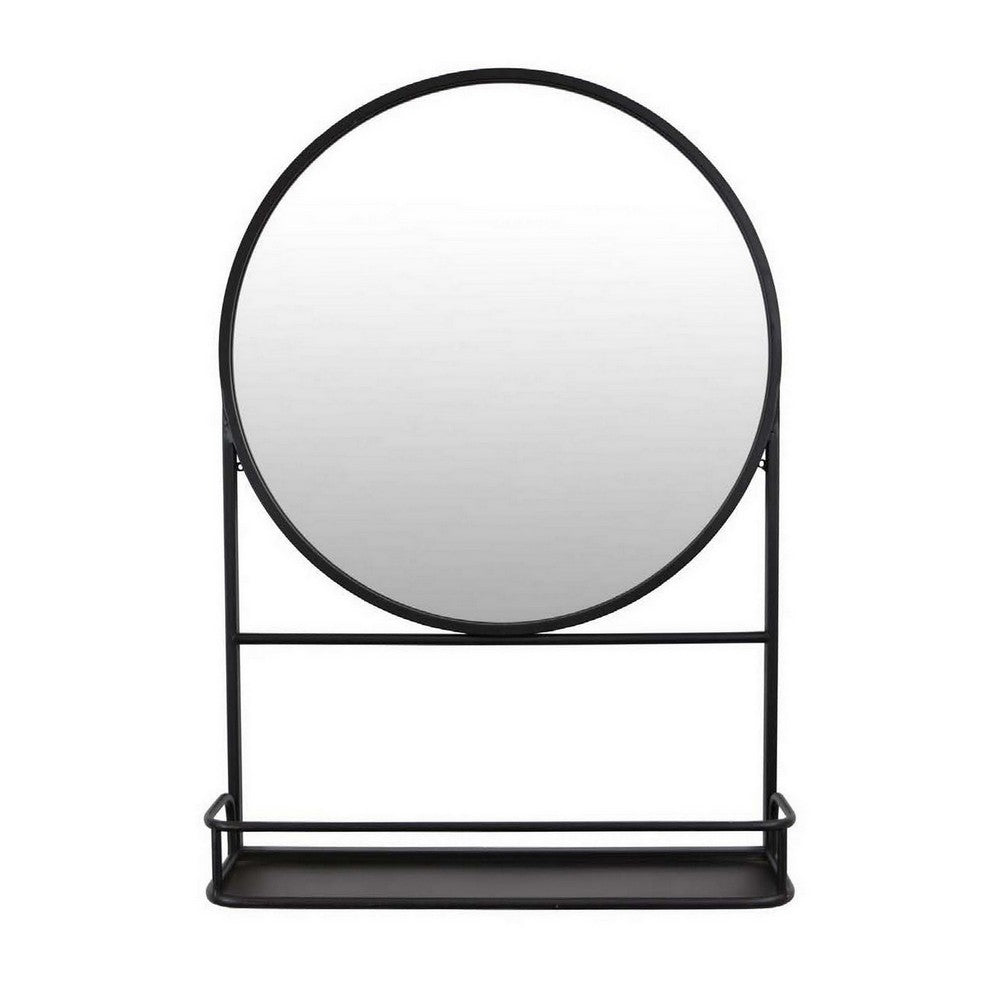 Feno Decorative Wall Mirror, 28 Inch Round Black Metal Frame w Rack -BM331363