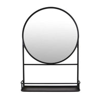 Feno Decorative Wall Mirror, 28 Inch Round Black Metal Frame w Rack -BM331363