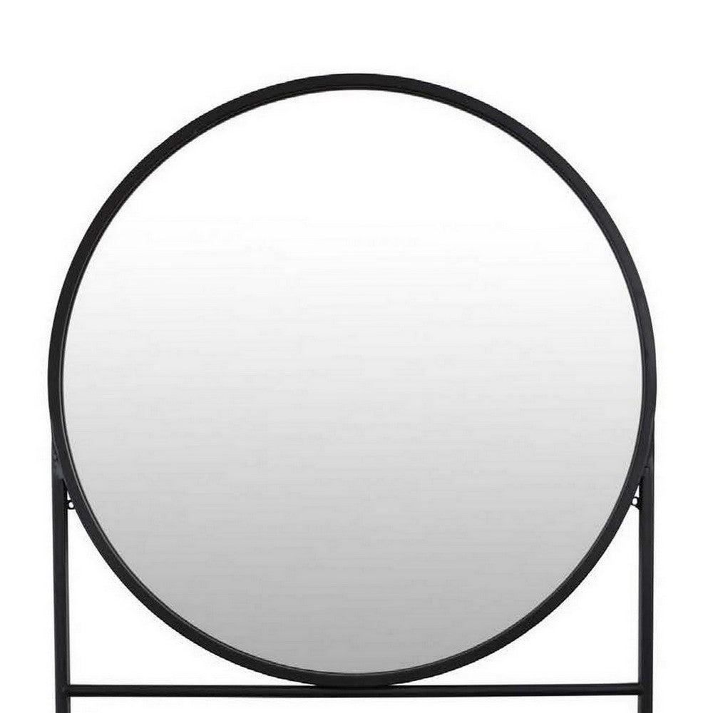 Feno Decorative Wall Mirror, 28 Inch Round Black Metal Frame w Rack -BM331363