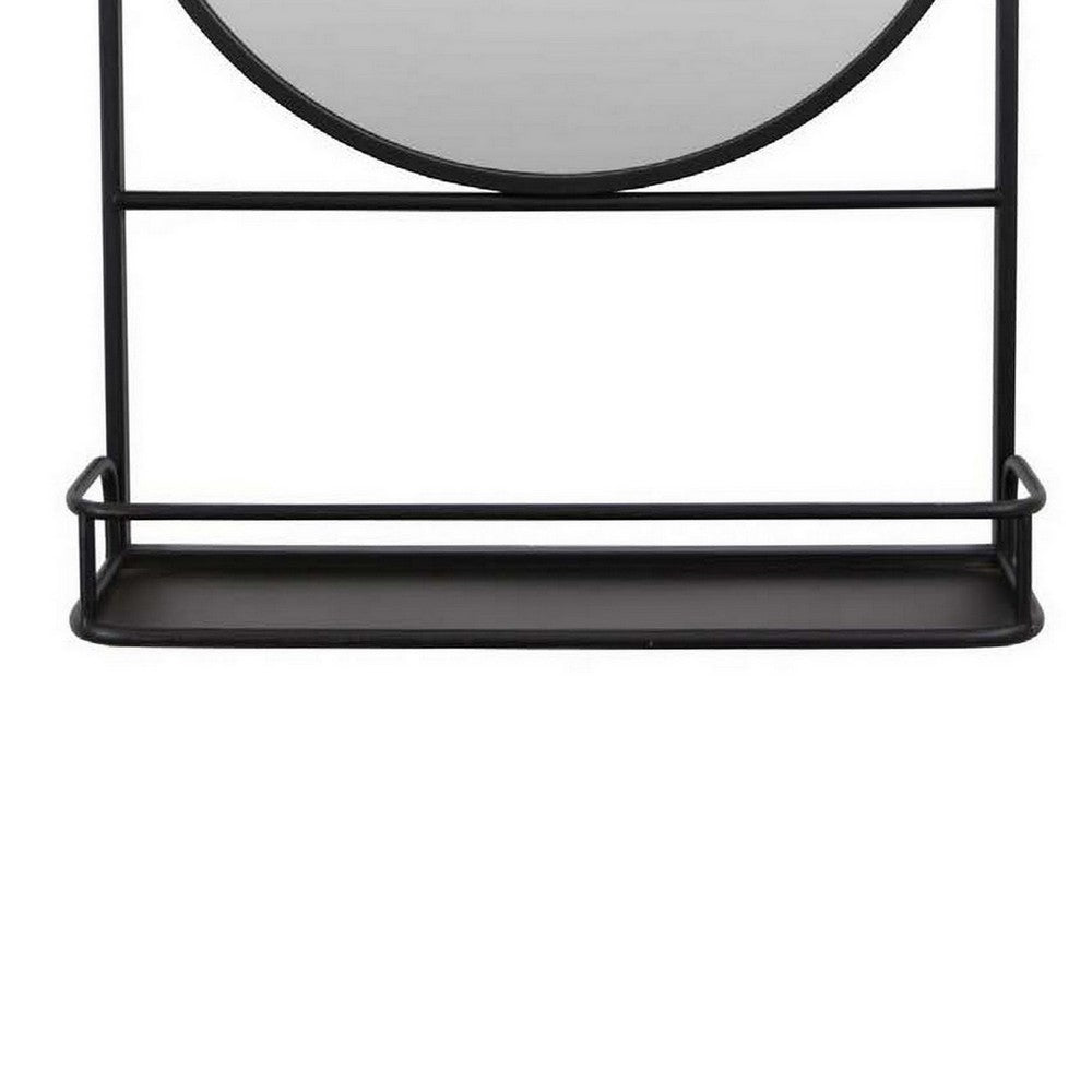 Feno Decorative Wall Mirror, 28 Inch Round Black Metal Frame w Rack -BM331363