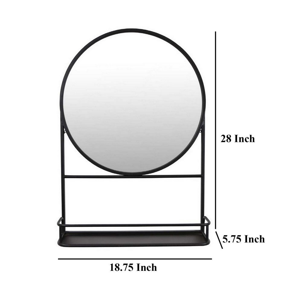 Feno Decorative Wall Mirror, 28 Inch Round Black Metal Frame w Rack -BM331363
