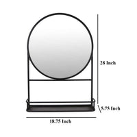 Feno Decorative Wall Mirror, 28 Inch Round Black Metal Frame w Rack -BM331363