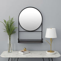 Feno Decorative Wall Mirror, 28 Inch Round Black Metal Frame w Rack -BM331363