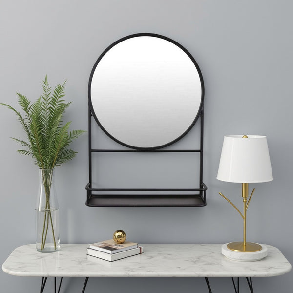 Feno Decorative Wall Mirror, 28 Inch Round Black Metal Frame w Rack -BM331363
