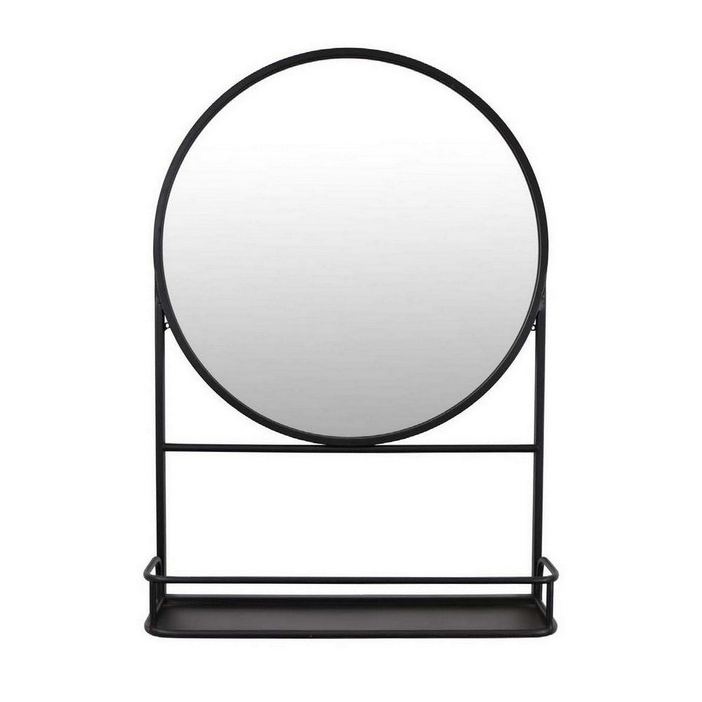 Feno Decorative Wall Mirror, 28 Inch Round Black Metal Frame w Rack -BM331363