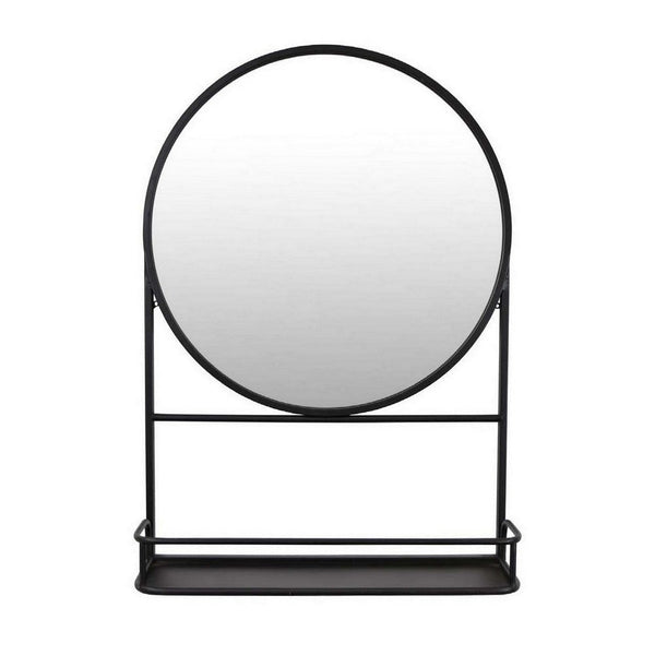 Feno Decorative Wall Mirror, 28 Inch Round Black Metal Frame w Rack -BM331363