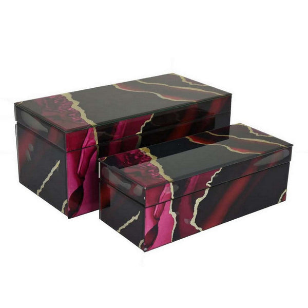 Dory Decorative Box Set of 2, Red Black Faux Marble Accent Glass -BM331369