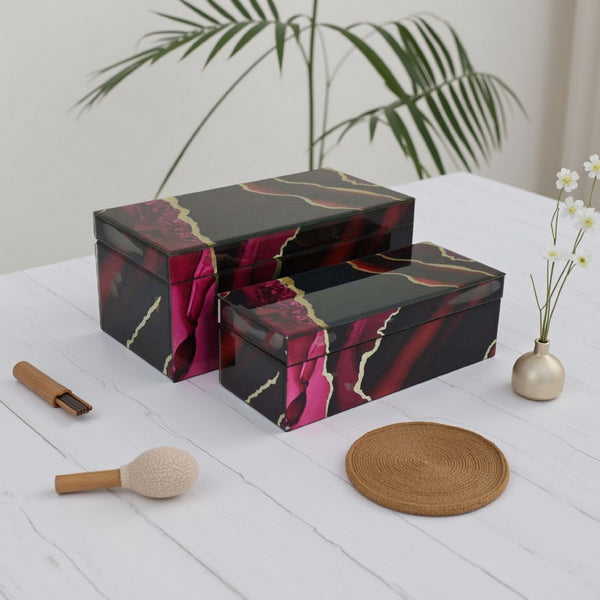 Dory Decorative Box Set of 2, Red Black Faux Marble Accent Glass -BM331369