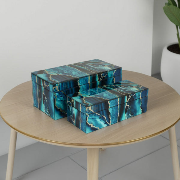 Dory Decorative Box Set of 2, Deep Blue Black Faux Marble Accent Glass -BM331370