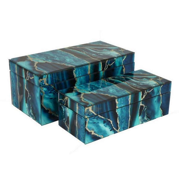 Dory Decorative Box Set of 2, Deep Blue Black Faux Marble Accent Glass -BM331370