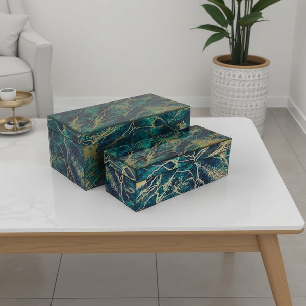 Dory Decorative Box Set of 2, Green Blue Faux Marble Accent Glass -BM331371