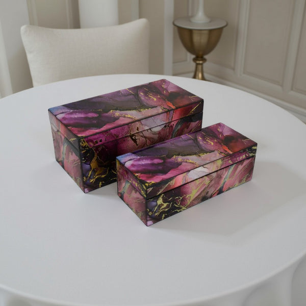 Dory Decorative Box Set of 2, Pink Gold Faux Agate Stone Accent Glass -BM331376