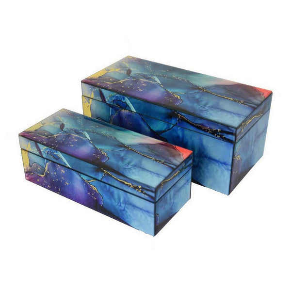 Dory Decorative Box Set of 2, Blue Gold Faux Agate Stone Accent Glass -BM331377