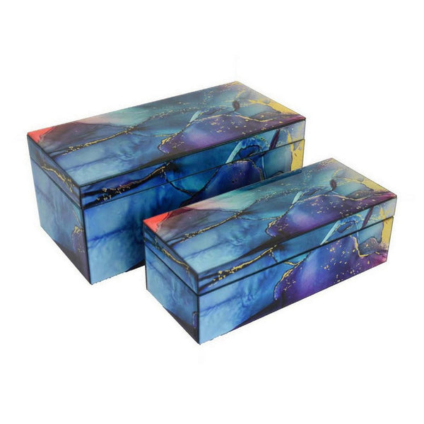 Dory Decorative Box Set of 2, Blue Gold Faux Agate Stone Accent Glass -BM331377