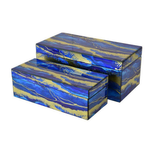 Dory Decorative Box Set of 2, Blue Gold Faux Marble Pattern Glass -BM331379