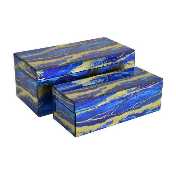 Dory Decorative Box Set of 2, Blue Gold Faux Marble Pattern Glass -BM331379