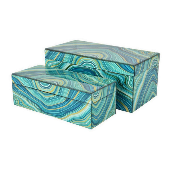 Dory Decorative Box Set of 2, Faux Marble Accent Teal Blue Gold Glass -BM331381