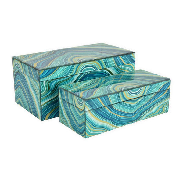 Dory Decorative Box Set of 2, Faux Marble Accent Teal Blue Gold Glass -BM331381