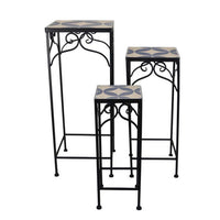 Plant Stand Table Set of 3, Metal Mosaic Star Pattern, Blue and White -BM331384