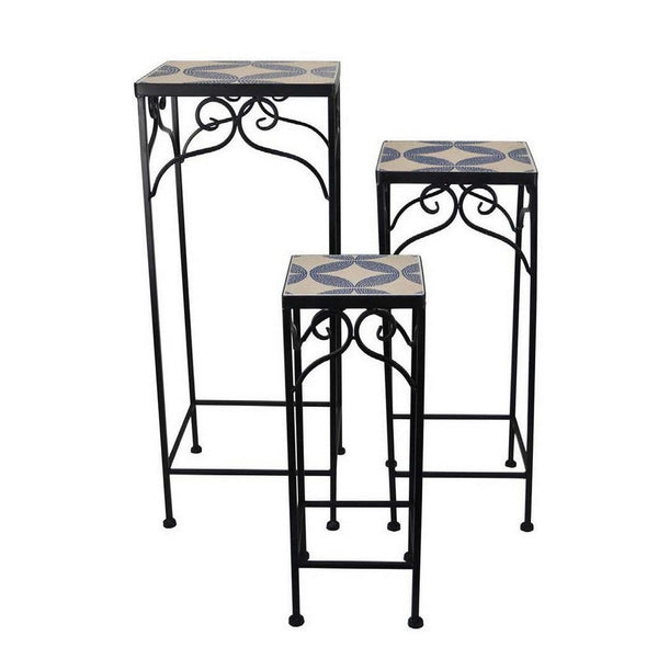 Plant Stand Table Set of 3, Metal Mosaic Star Pattern, Blue and White -BM331384