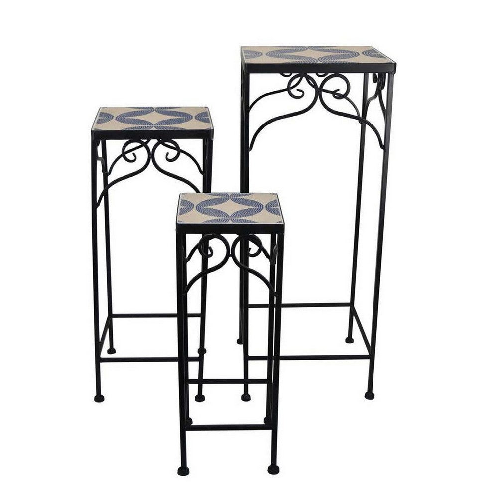 Plant Stand Table Set of 3, Metal Mosaic Star Pattern, Blue and White -BM331384