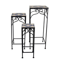 Plant Stand Table Set of 3, Metal Mosaic Star Pattern, Blue and White -BM331384