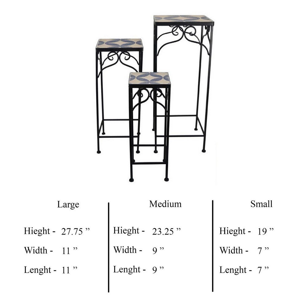 Plant Stand Table Set of 3, Metal Mosaic Star Pattern, Blue and White -BM331384