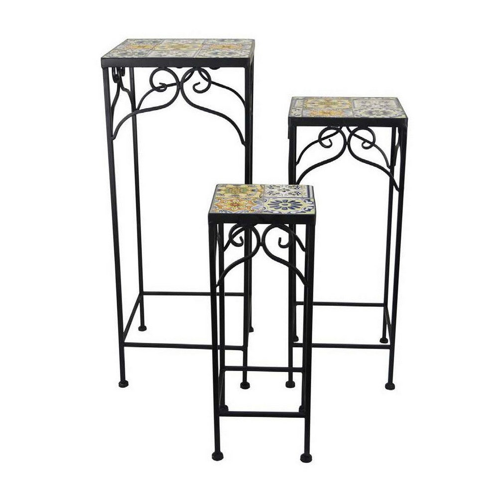 Plant Stand Table Set of 3, Metal Square Mosaic Pattern Top, Colorful -BM331385