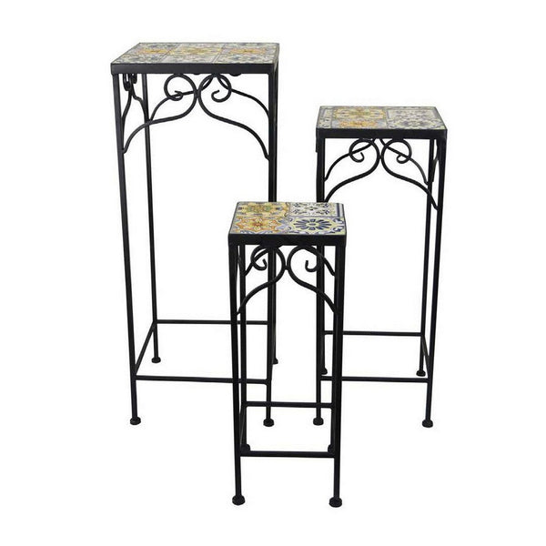 Plant Stand Table Set of 3, Metal Square Mosaic Pattern Top, Colorful -BM331385