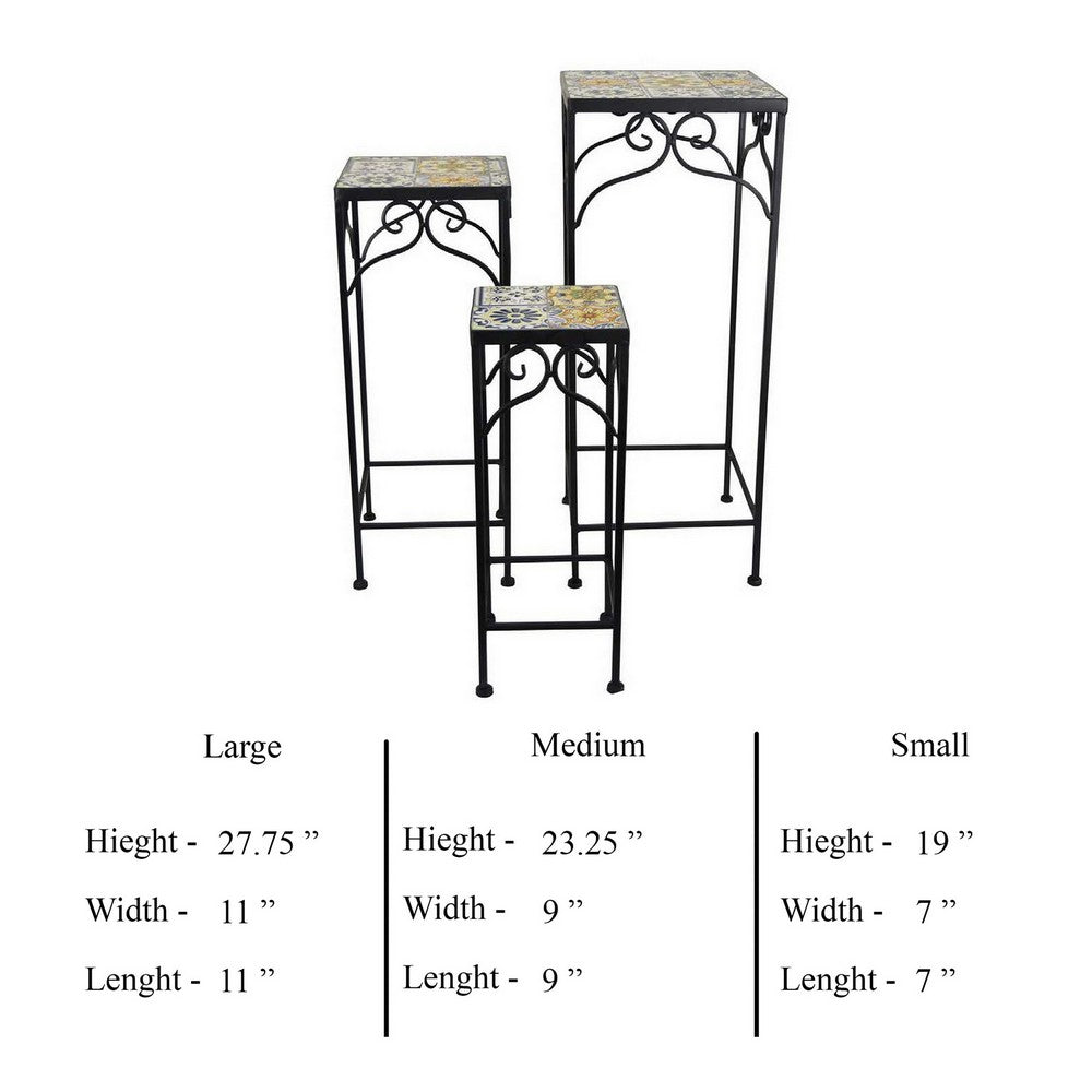 Plant Stand Table Set of 3, Metal Square Mosaic Pattern Top, Colorful -BM331385