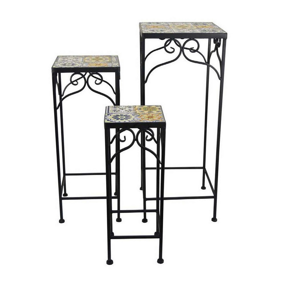 Plant Stand Table Set of 3, Metal Square Mosaic Pattern Top, Colorful -BM331385