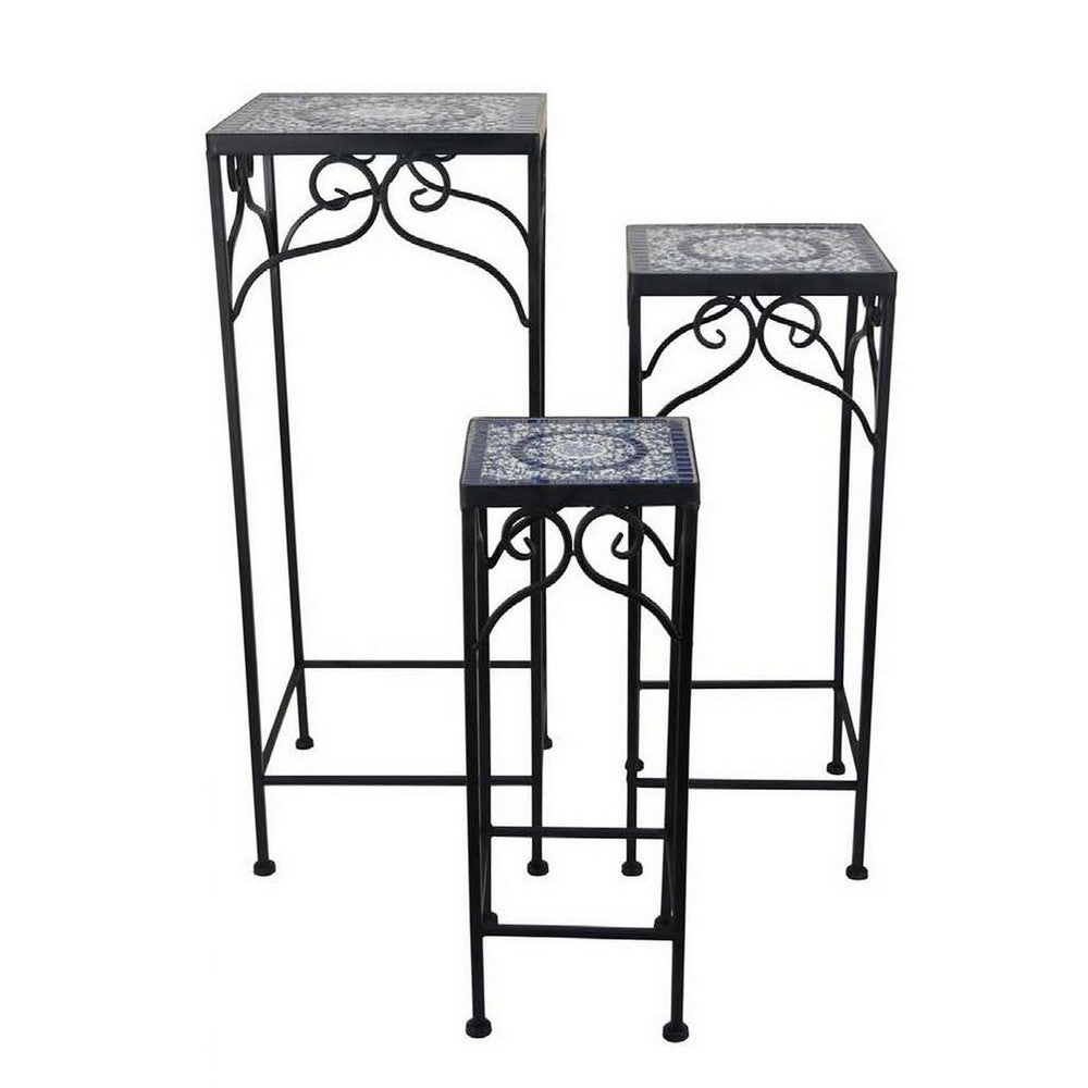Plant Stand Table Set of 3, Metal Square Mosaic Pattern, Blue, White -BM331386