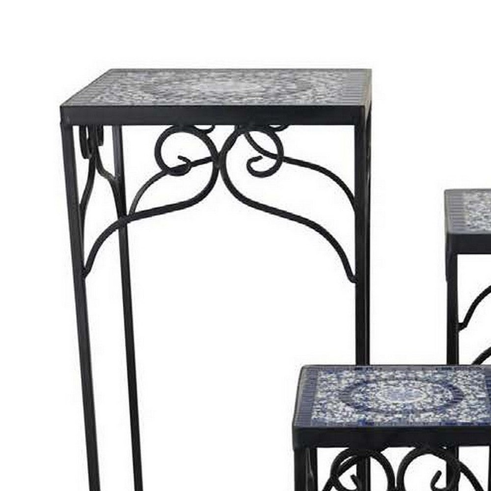 Plant Stand Table Set of 3, Metal Square Mosaic Pattern, Blue, White -BM331386