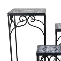 Plant Stand Table Set of 3, Metal Square Mosaic Pattern, Blue, White -BM331386