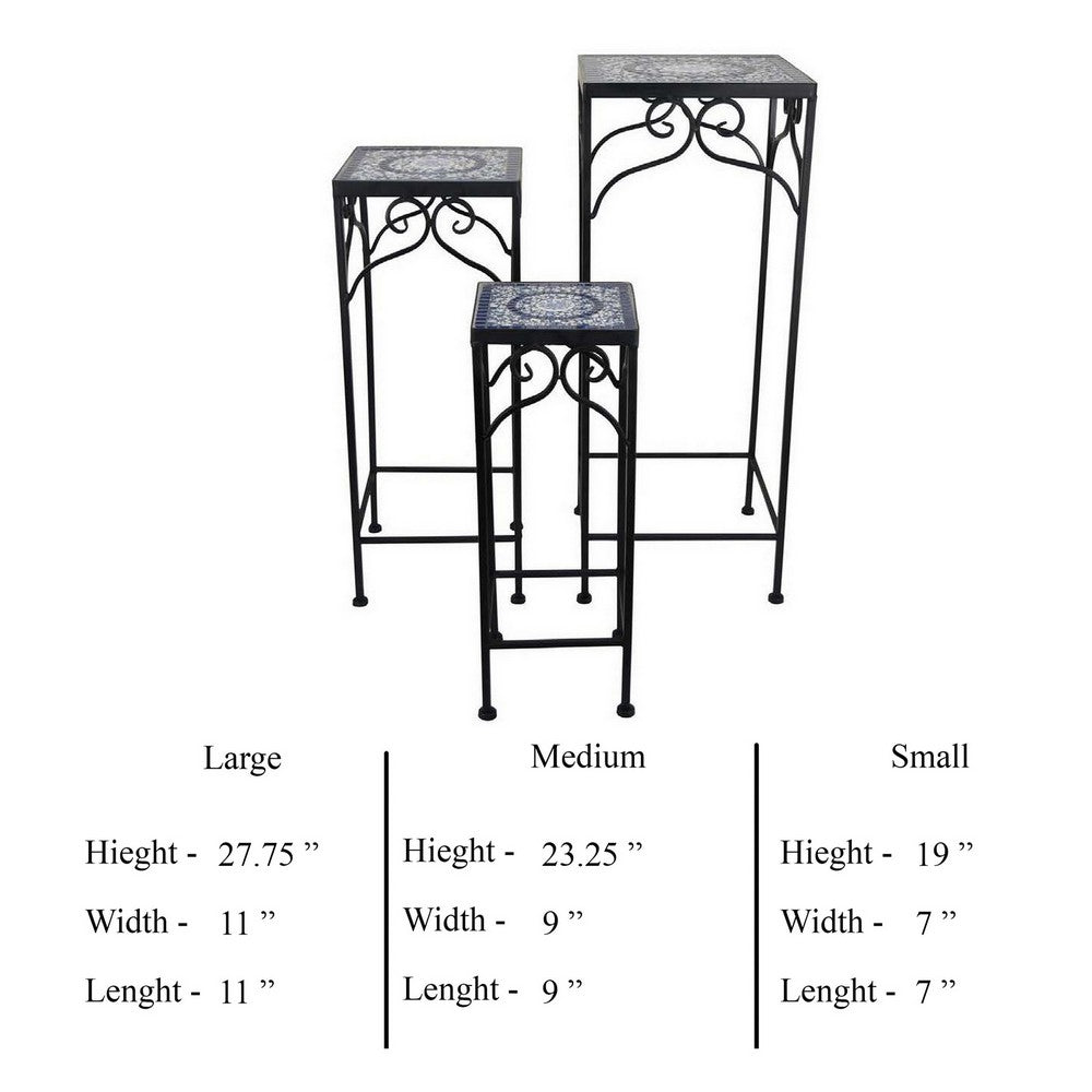 Plant Stand Table Set of 3, Metal Square Mosaic Pattern, Blue, White -BM331386