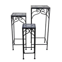 Plant Stand Table Set of 3, Metal Square Mosaic Pattern, Blue, White -BM331386